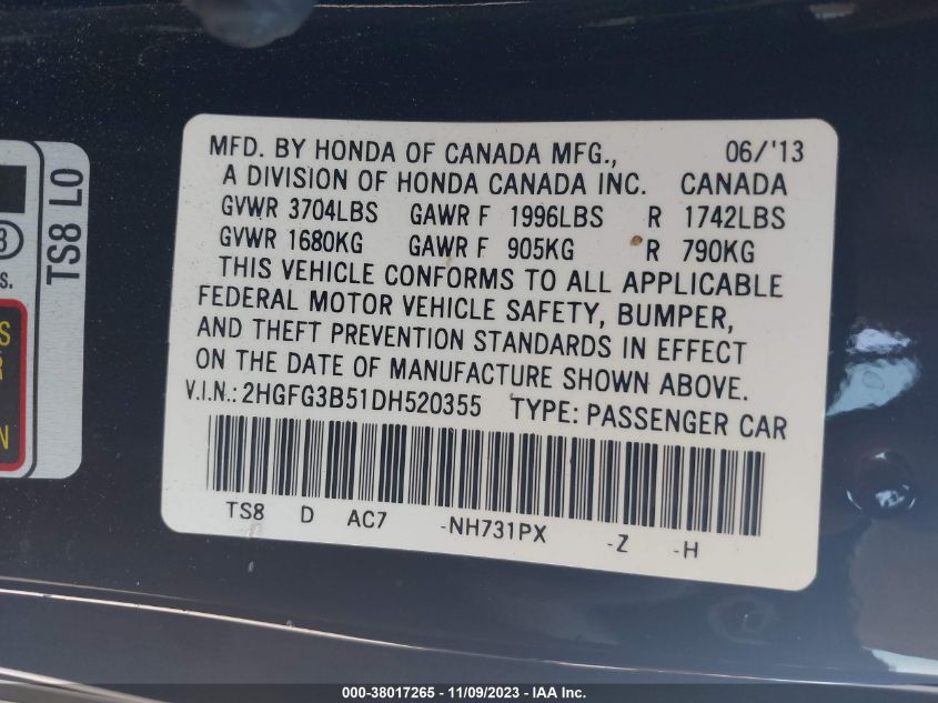 2013 HONDA CIVIC CPE LX - 2HGFG3B51DH520355