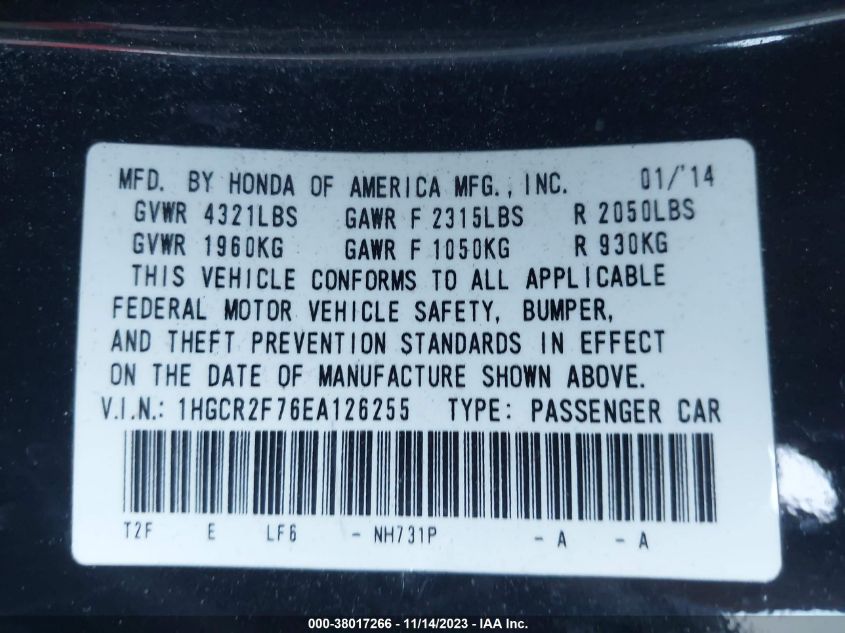 2014 HONDA ACCORD EX - 1HGCR2F76EA126255