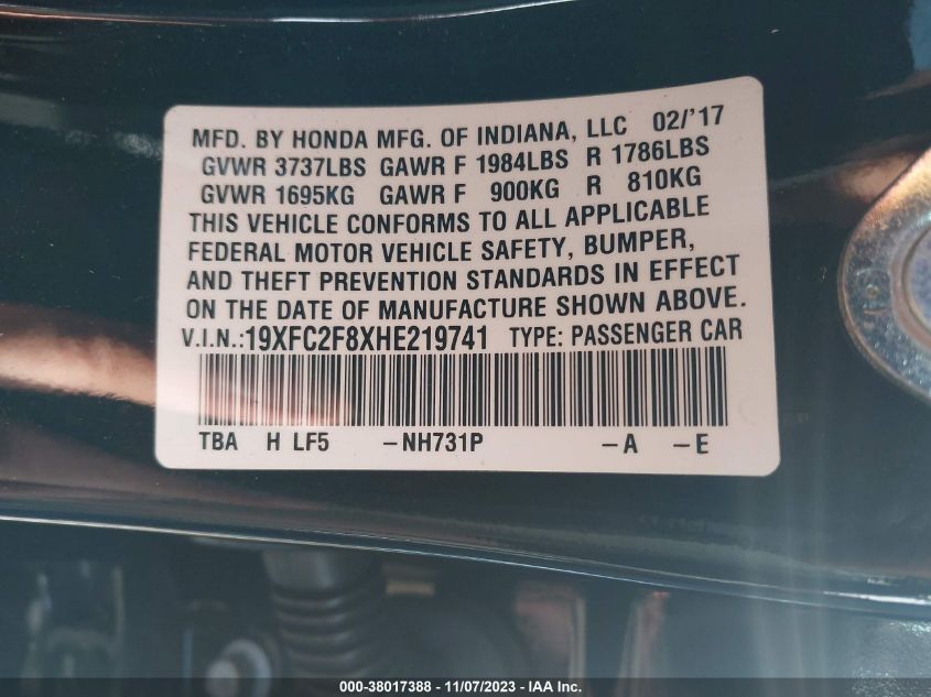 2017 HONDA CIVIC EX - 19XFC2F8XHE219741