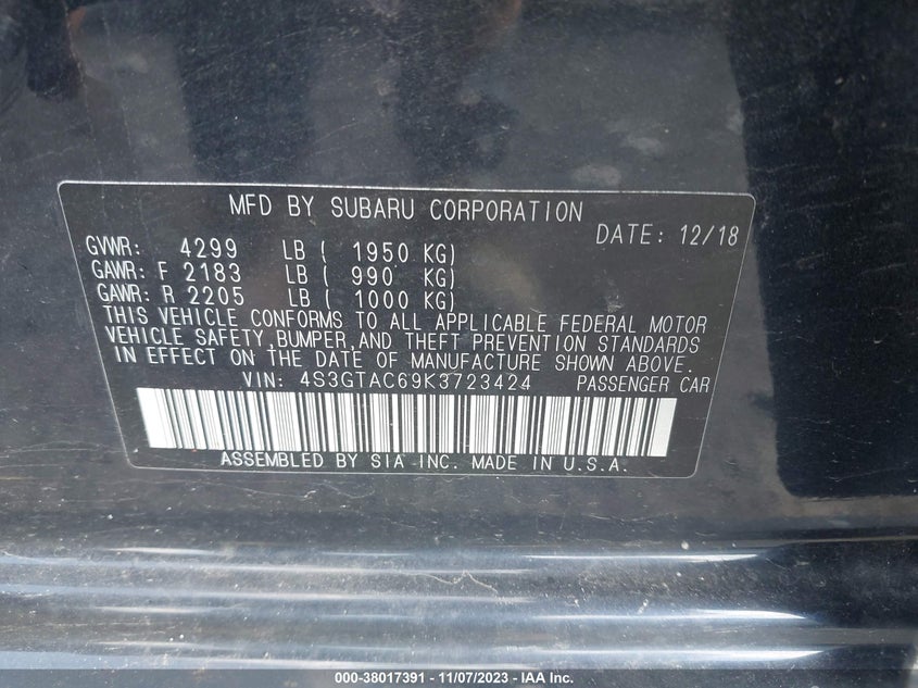 VIN 4S3GTAC69K3723424 2019 SUBARU IMPREZA 2.0I PREMIUM