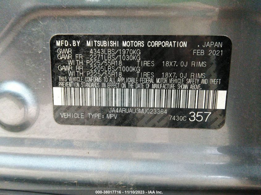 2021 MITSUBISHI OUTLANDER SPORT ES/LE/BE/SE - JA4ARUAU3MU023364