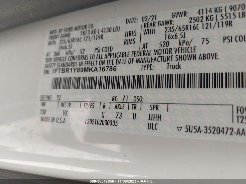 2021 FORD TRANSIT-250 CARGO VAN 1FTBR1Y89MKA16786
