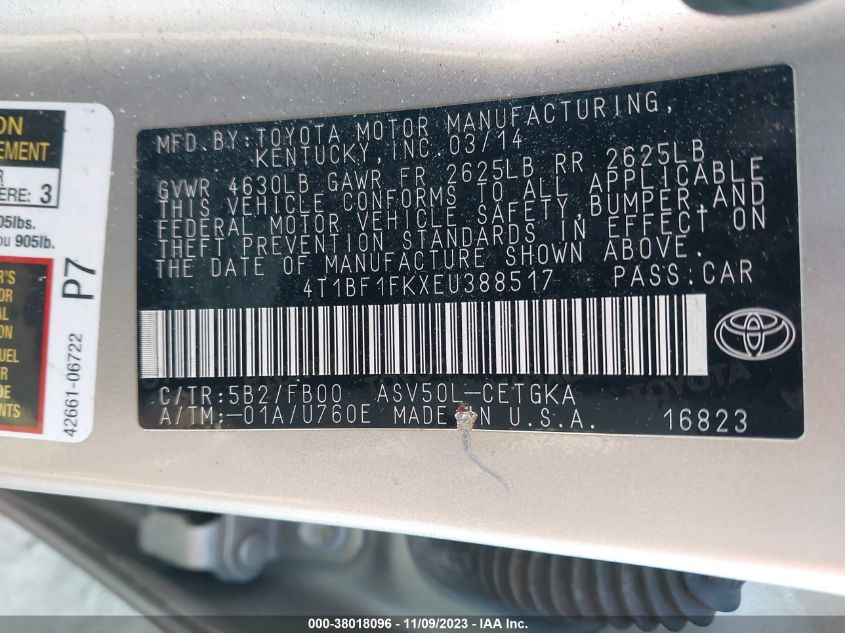 2014 TOYOTA CAMRY L/SE/LE/XLE - 4T1BF1FKXEU388517