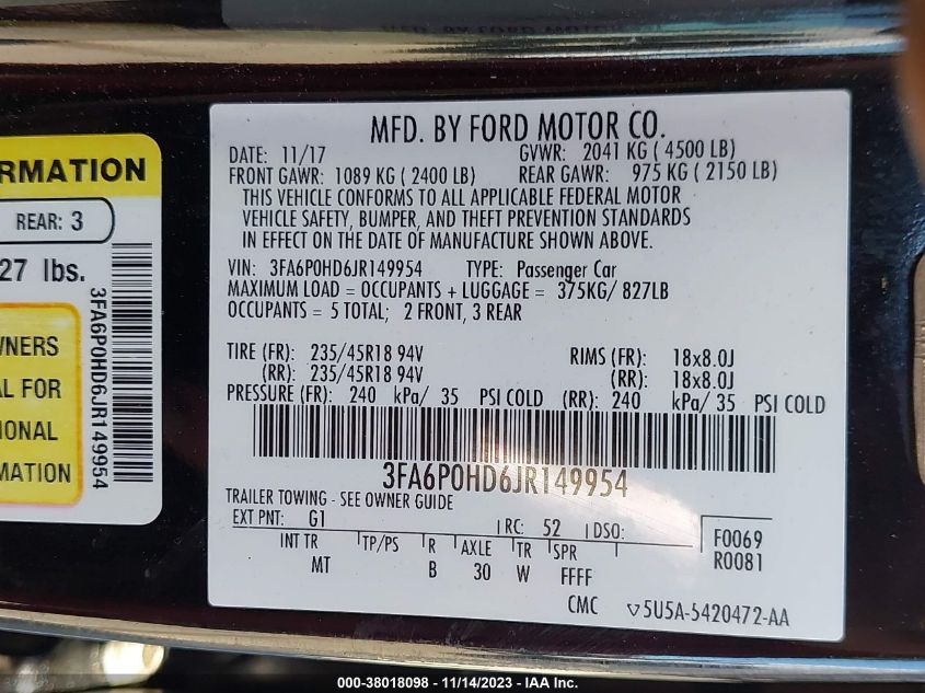 2018 FORD FUSION SE - 3FA6P0HD6JR149954