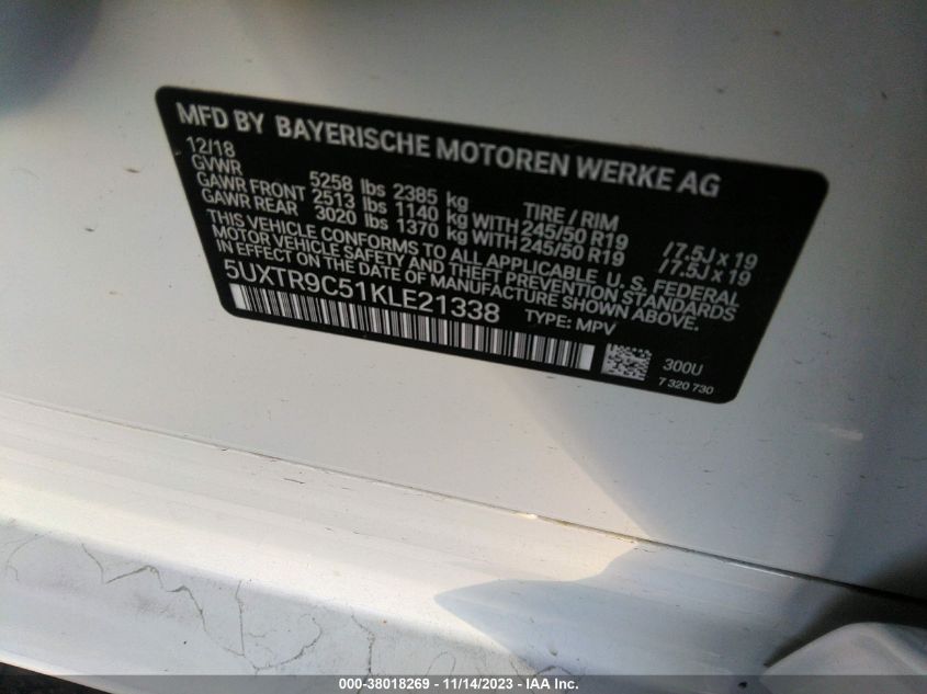 5UXTR9C51KLE21338 2019 BMW X3, photo no. 9