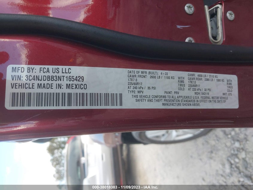 VIN 3C4NJDBB3NT165429 2022 JEEP COMPASS LATITUDE