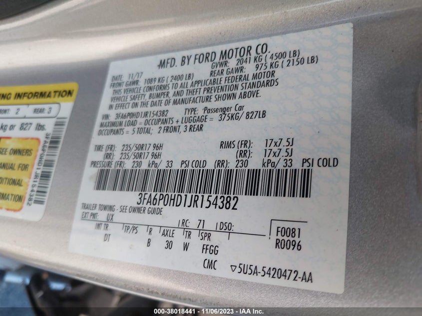 VIN 3FA6P0HD1JR154382 2018 FORD FUSION SE