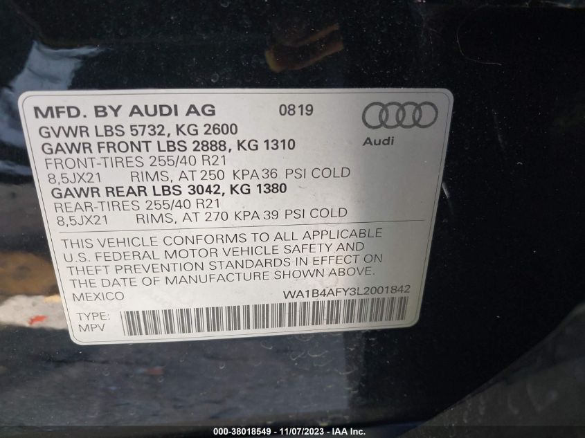 2020 AUDI SQ5 PREMIUM PLUS TFSI QUATTRO TIPTRONIC WA1B4AFY3L2001842