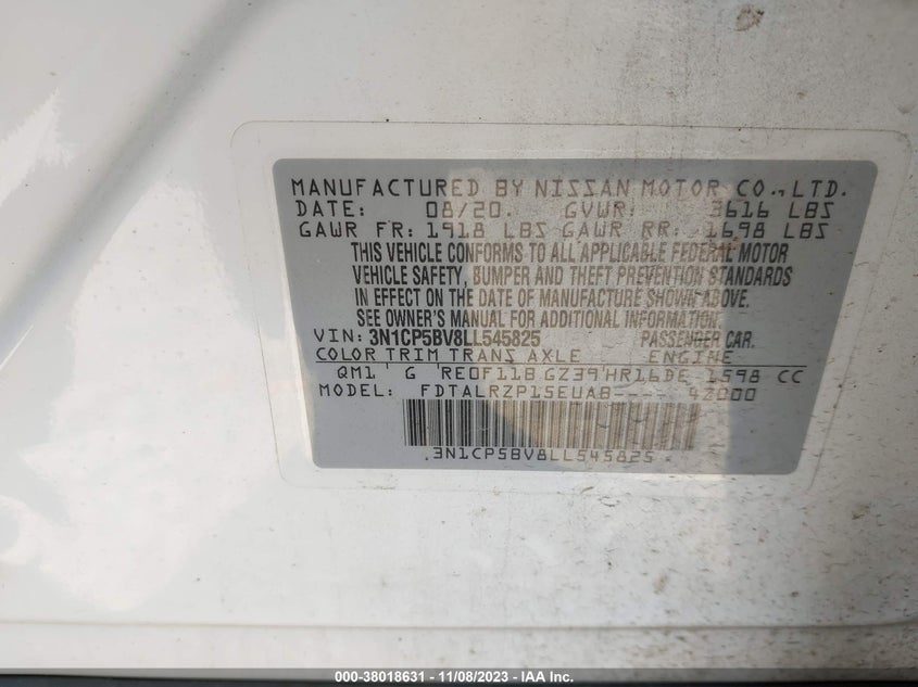 VIN 3N1CP5BV8LL545825 2020 NISSAN KICKS S