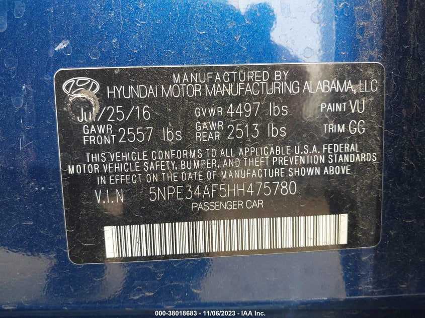 VIN 5NPE34AF5HH475780 2017 HYUNDAI SONATA SPORT