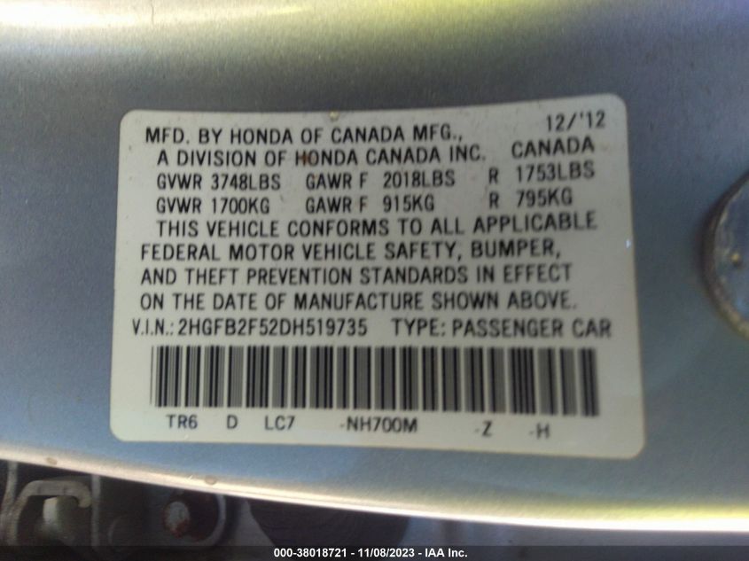 2013 HONDA CIVIC LX - 2HGFB2F52DH519735