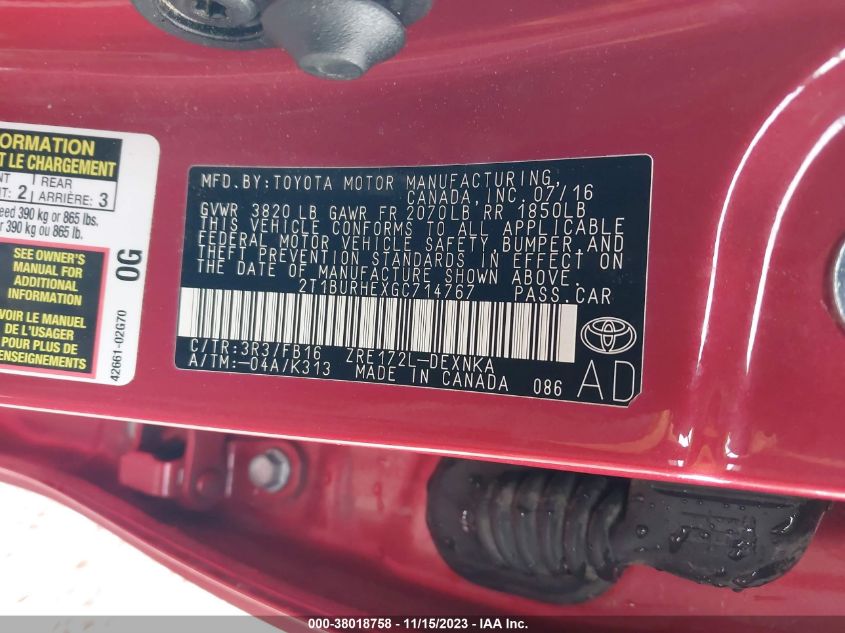 2016 TOYOTA COROLLA LE - 2T1BURHEXGC714767