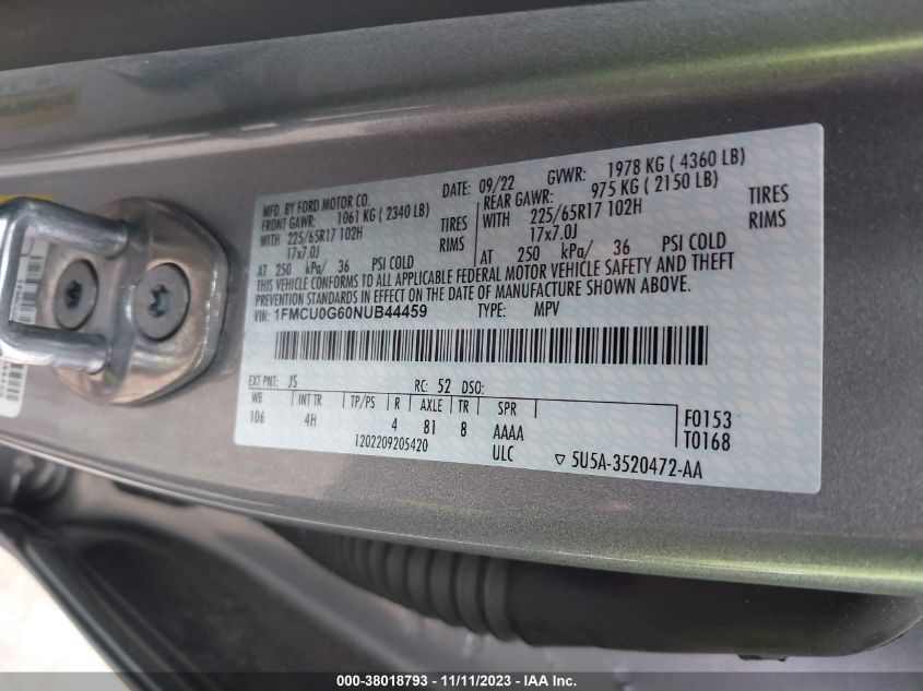 2022 FORD ESCAPE SE - 1FMCU0G60NUB44459