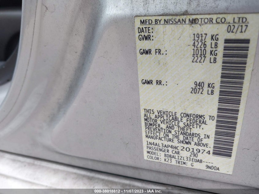 VIN 1N4AL3AP4HC201974 2017 NISSAN ALTIMA 2.5/S/SV/SL/SR
