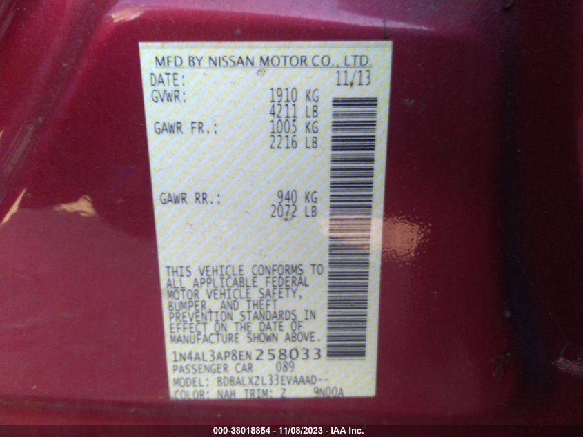 2014 NISSAN ALTIMA 2.5/S/SV/SL - 1N4AL3AP8EN258033