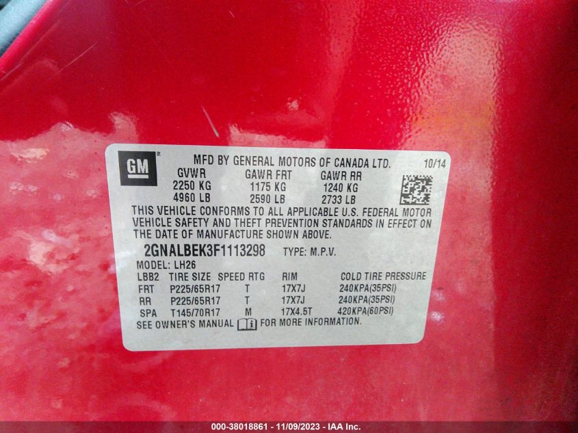 2015 CHEVROLET EQUINOX 1LT - 2GNALBEK3F1113298