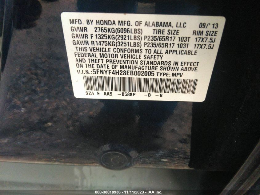 2014 HONDA PILOT LX - 5FNYF4H28EB002005