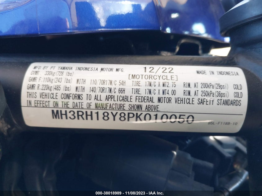 VIN MH3RH18Y8PK010050 2023 YAMAHA YZFR3 A