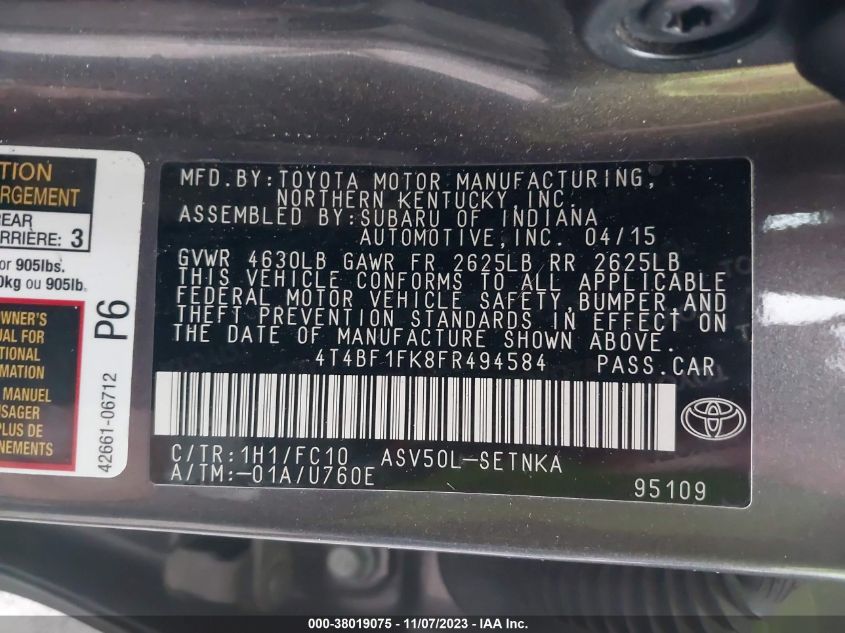 2015 TOYOTA CAMRY LE/XLE/SE/XSE - 4T4BF1FK8FR494584