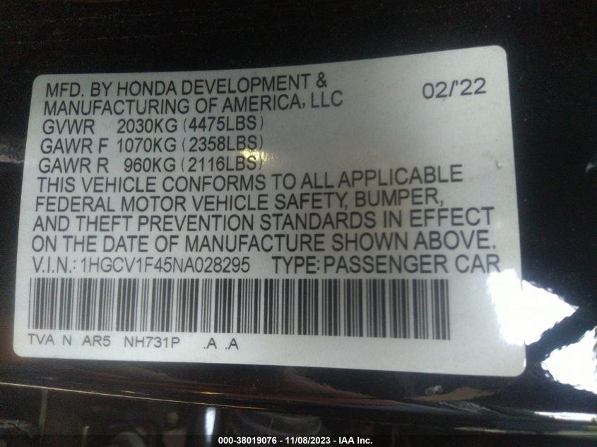 2022 HONDA ACCORD SPORT SE - 1HGCV1F45NA028295