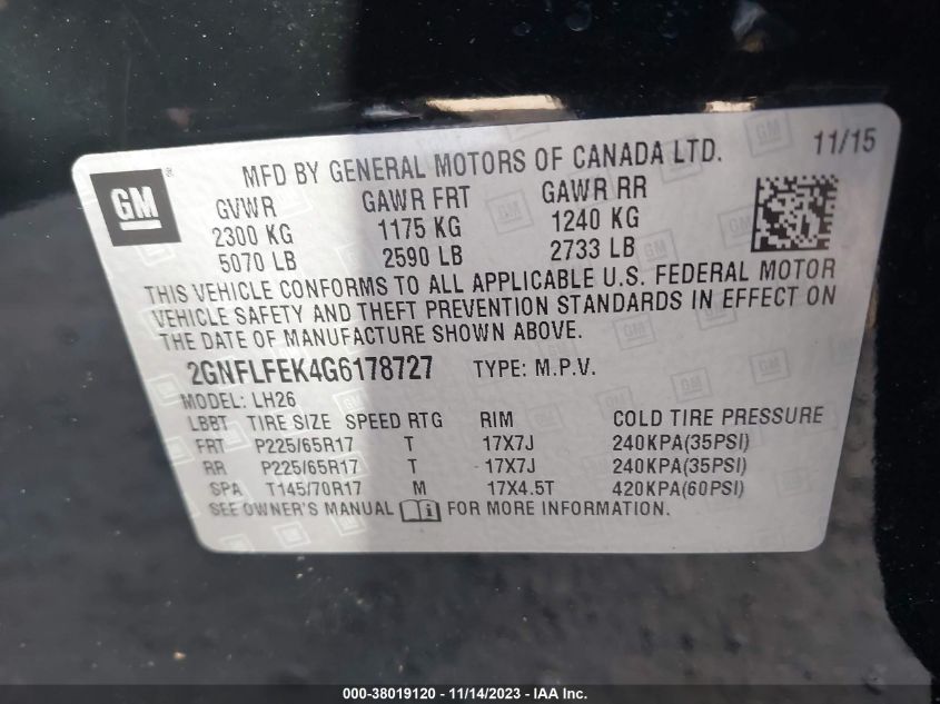 2016 CHEVROLET EQUINOX LT - 2GNFLFEK4G6178727