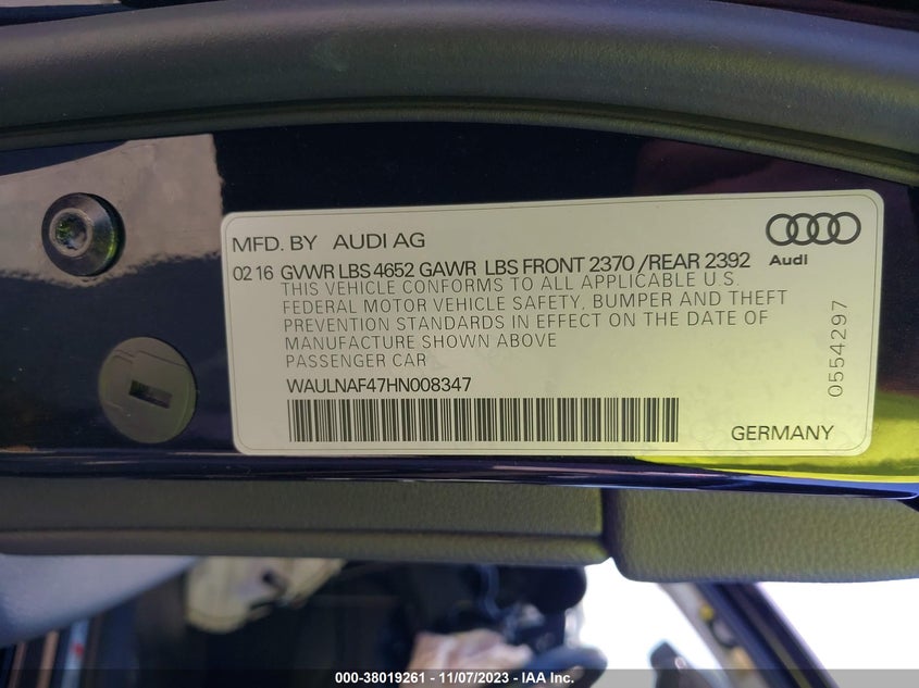 VIN WAULNAF47HN008347 2017 AUDI A4 PREMIUM PLUS