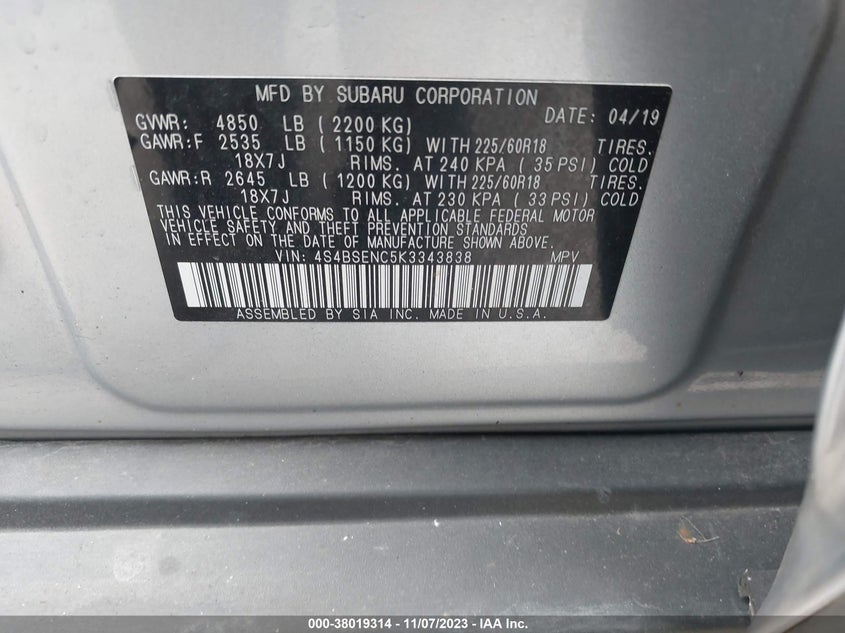 VIN 4S4BSENC5K3343838 2019 SUBARU OUTBACK 3.6R LIMITED