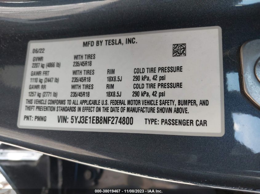 2022 TESLA MODEL 3 LONG RANGE DUAL MOTOR - 5YJ3E1EB8NF274800