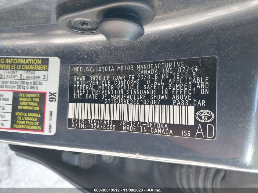2014 TOYOTA COROLLA L - 2T1BURHE3EC107087