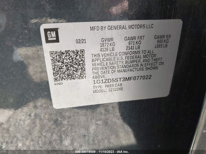 2021 CHEVROLET MALIBU LT - 1G1ZD5ST3MF077022