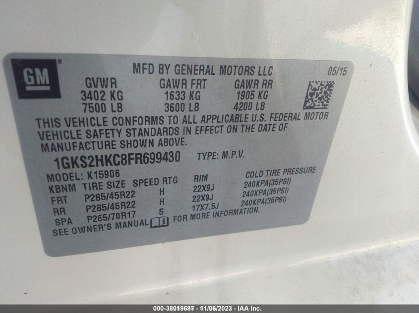 2015 GMC YUKON XL 1500 SLT 1GKS2HKC8FR699430