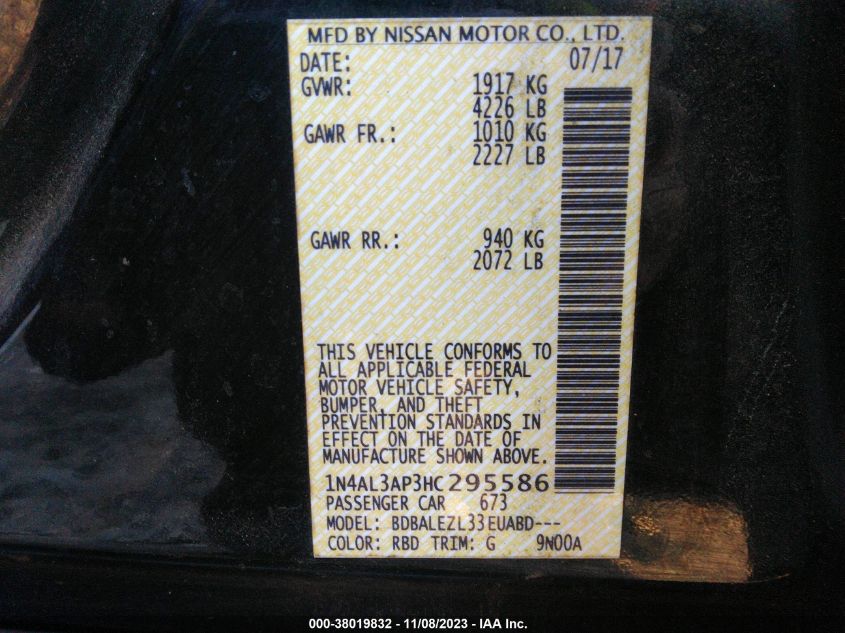 2017 NISSAN ALTIMA 2.5/S/SV/SL/SR - 1N4AL3AP3HC295586