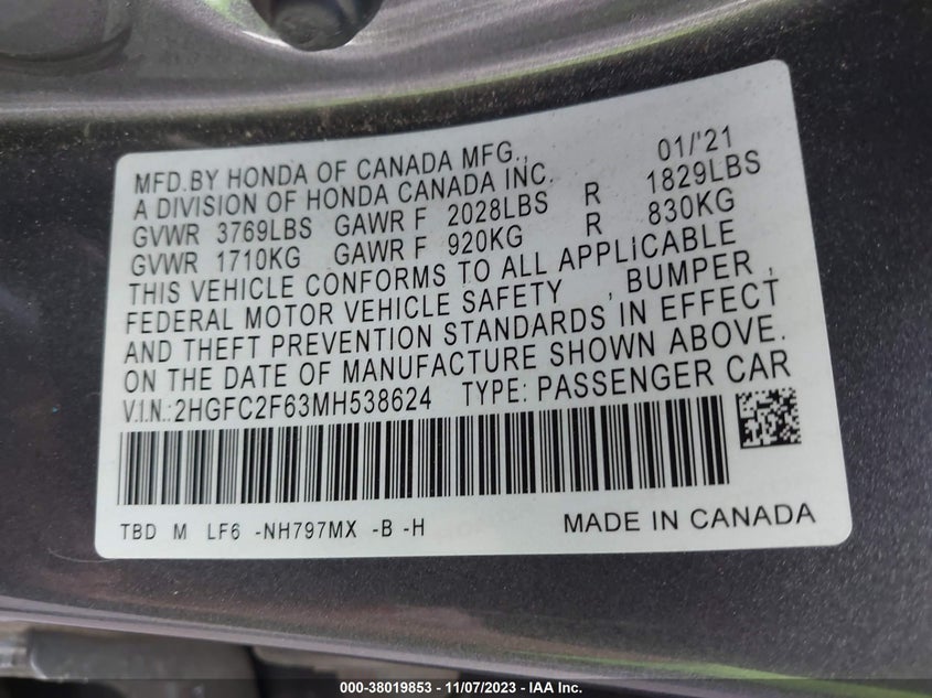 VIN 2HGFC2F63MH538624 2021 HONDA CIVIC LX