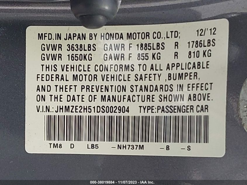 2013 HONDA INSIGHT LX - JHMZE2H51DS002904