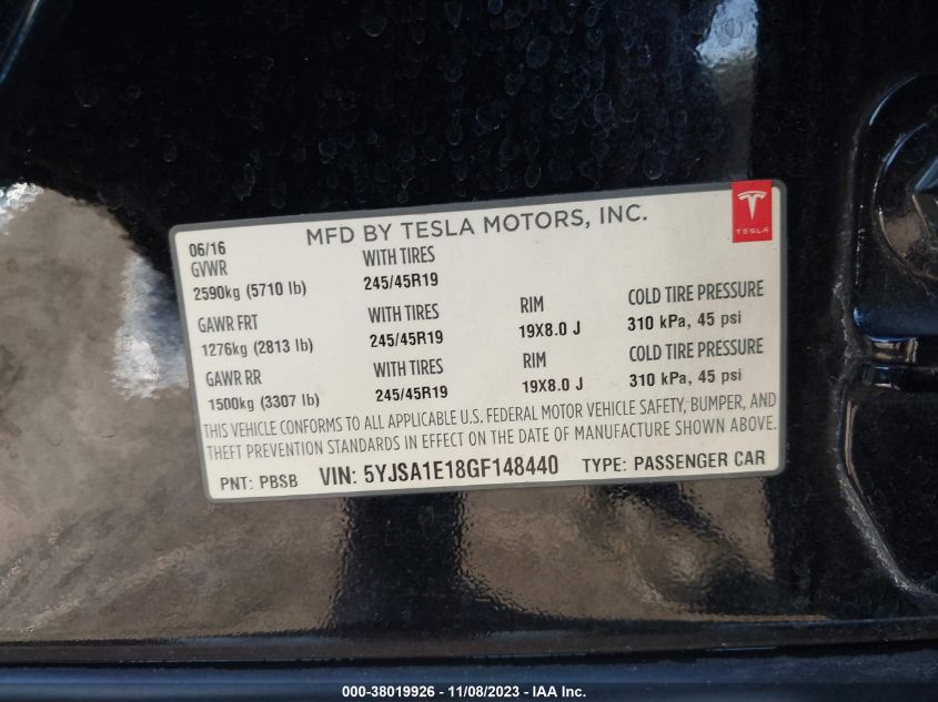 2016 TESLA MODEL S - 5YJSA1E18GF148440