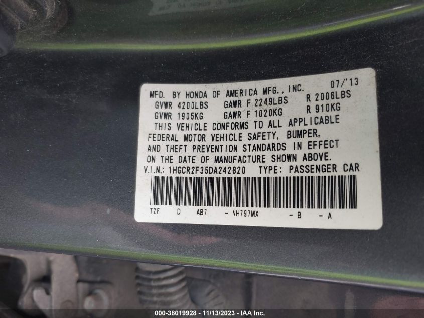 2013 HONDA ACCORD SDN LX 1HGCR2F35DA242820