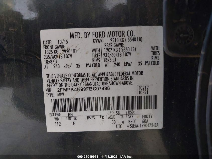 2FMPK4K99FBC07498 2015 FORD EDGE, photo no. 9