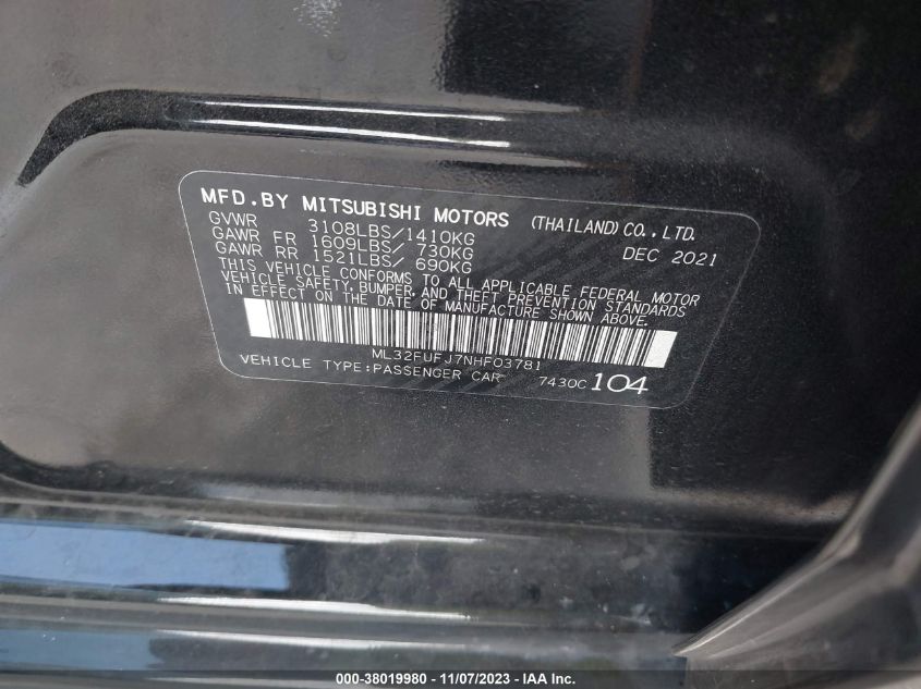 2022 MITSUBISHI MIRAGE G4 ES - ML32FUFJ7NHF03781