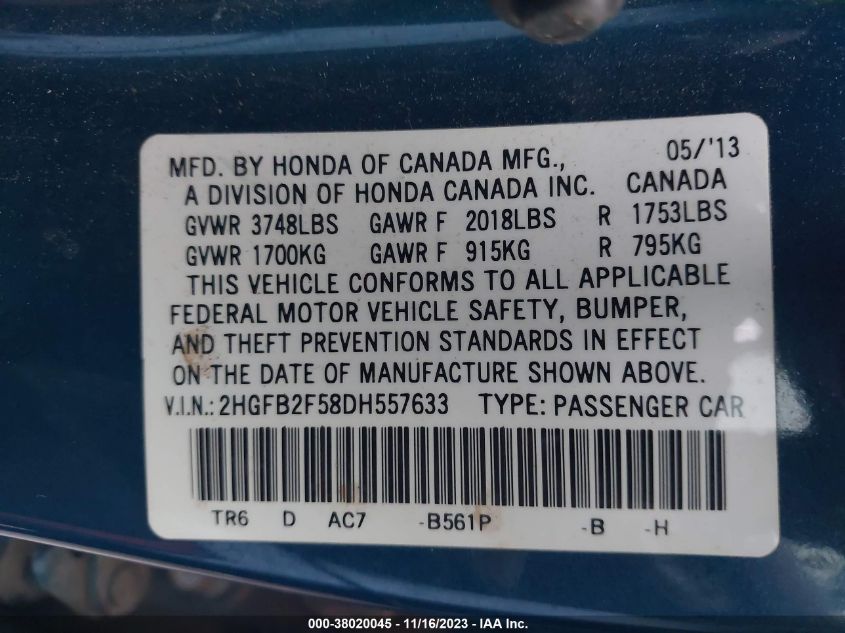 2013 HONDA CIVIC LX - 2HGFB2F58DH557633