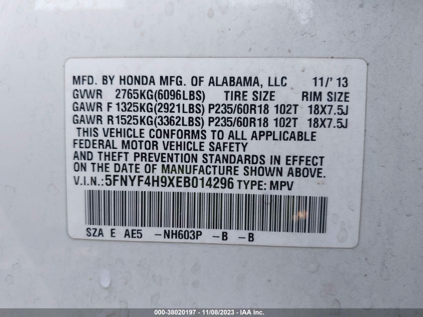 2014 HONDA PILOT TOURING - 5FNYF4H9XEB014296