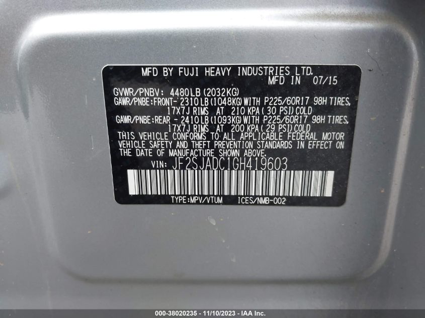 2016 SUBARU FORESTER - JF36JADC1DH419603