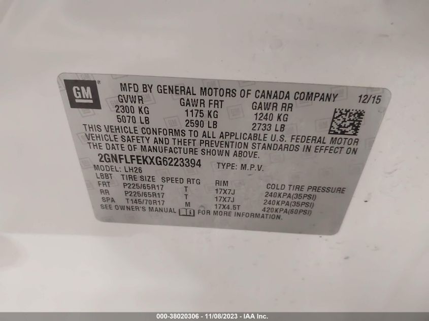 2016 CHEVROLET EQUINOX LT - 2GNFLFEKXG6223394
