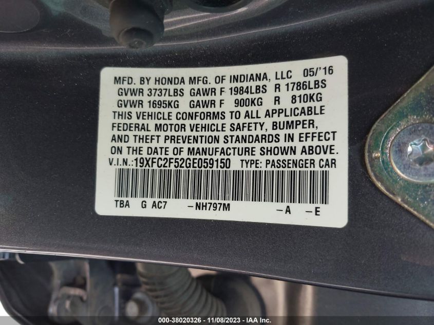 2016 HONDA CIVIC LX - 19XFC2F52GE059150