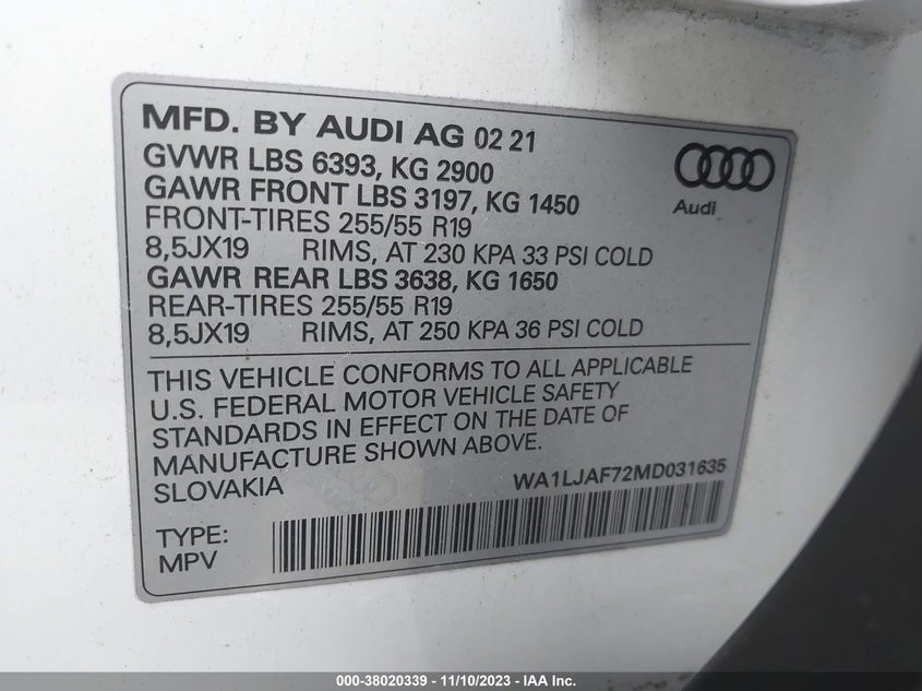 VIN WA1LJAF72MD031635 2021 AUDI Q7 PREMIUM PLUS