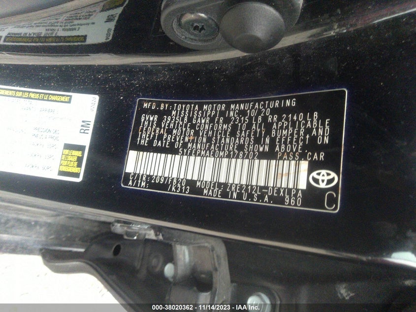 VIN 5YFEPMAE0MP178702 2021 TOYOTA COROLLA LE