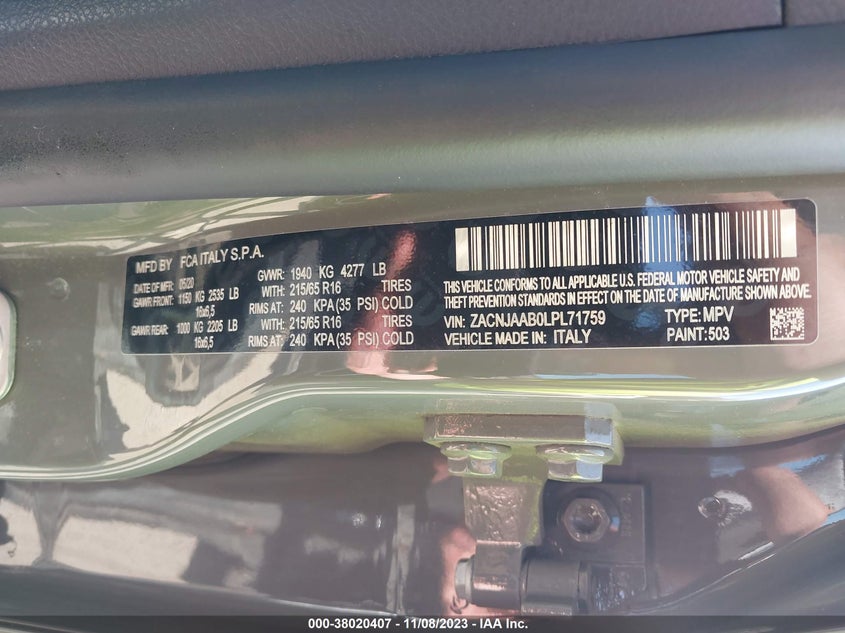 VIN ZACNJAAB0LPL71759 2020 JEEP RENEGADE SPORT FWD
