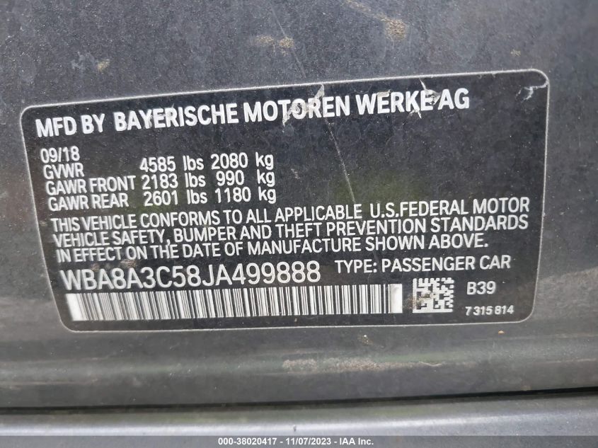 2018 BMW 320I XDRIVE - WBA8A3C58JA499888