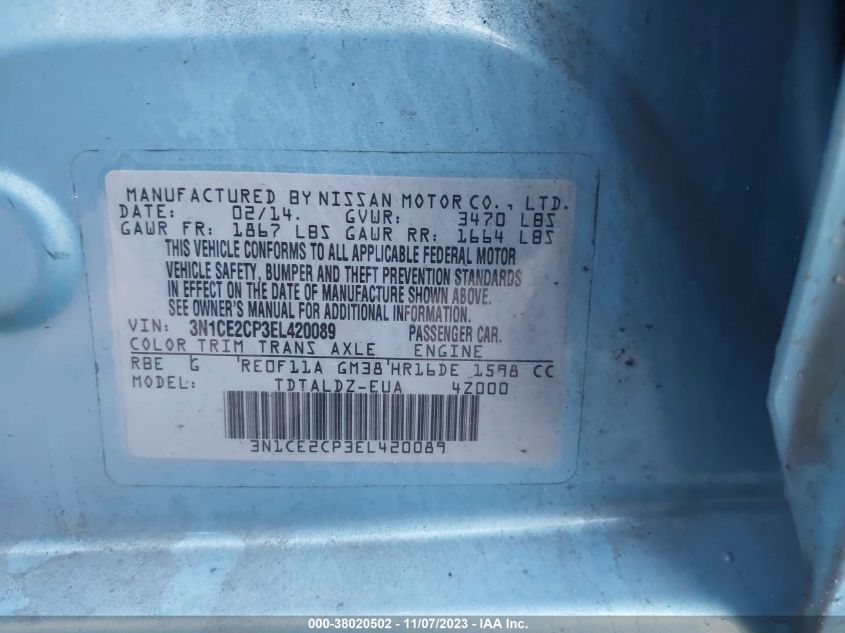 2014 NISSAN VERSA NOTE S/S PLUS/SV/SL - 3N1CE2CP3EL420089