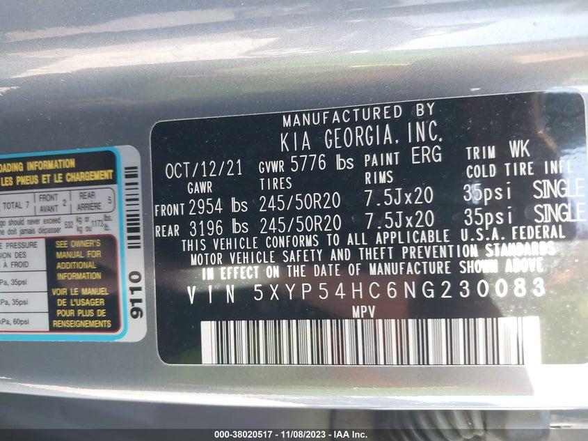 VIN 5XYP54HC6NG230083 2022 KIA TELLURIDE SX