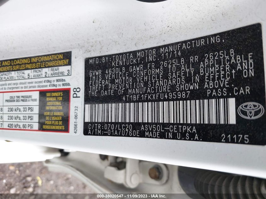 2015 TOYOTA CAMRY XSE - 4T1BF1FKXFU495987